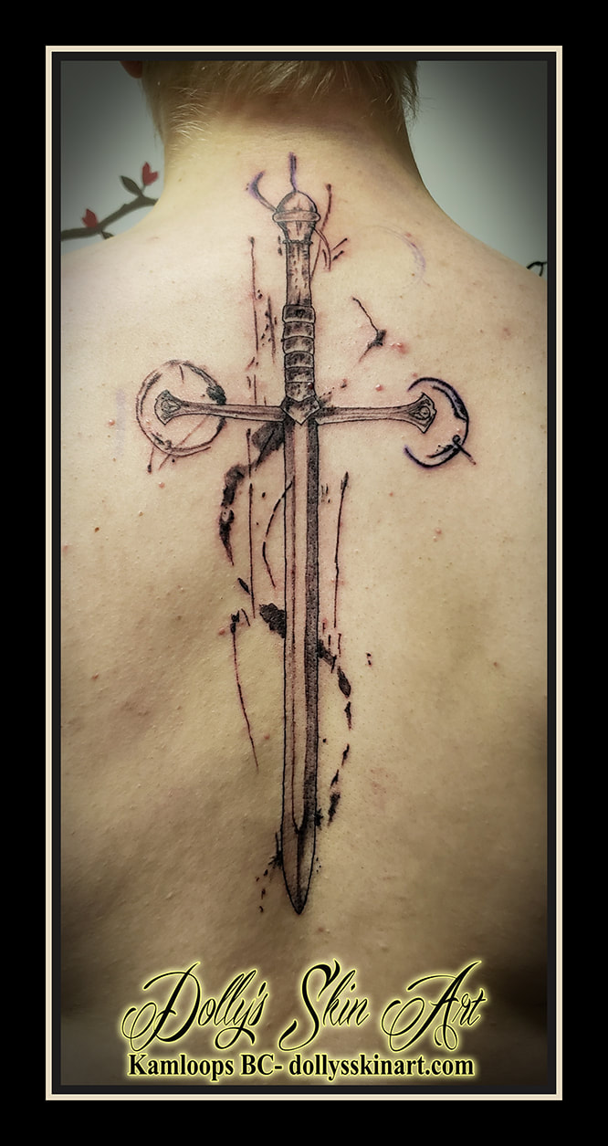 sword tattoo back spine black and grey shading line work abstract tattoo dolly's skin art kamloops