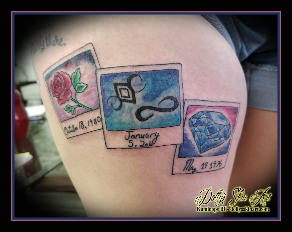 polaroid tattoo family rose diamond lettering script blue black red purple green white thigh tattoo kamloops dolly's skin art
