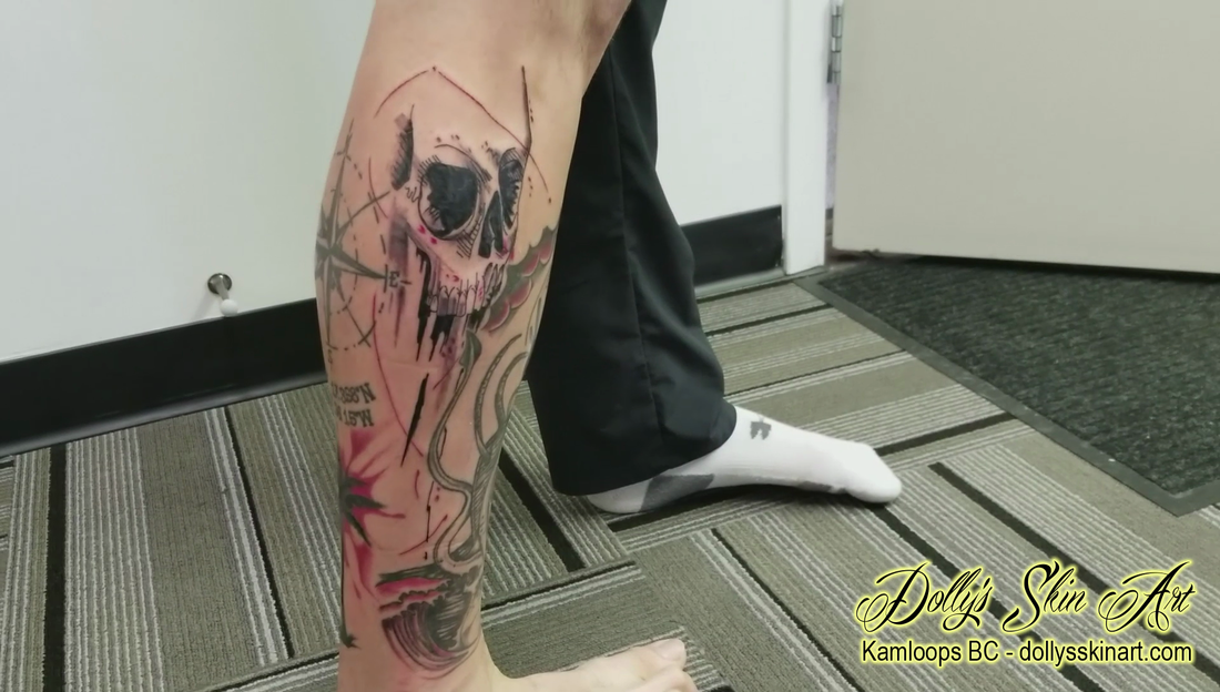 Matt's Red and Black Trash Polka Skull Tattoo