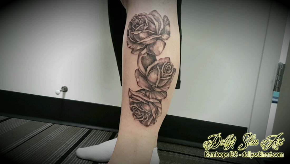 Tracy's Black and Grey Flowers Leg Tattoo