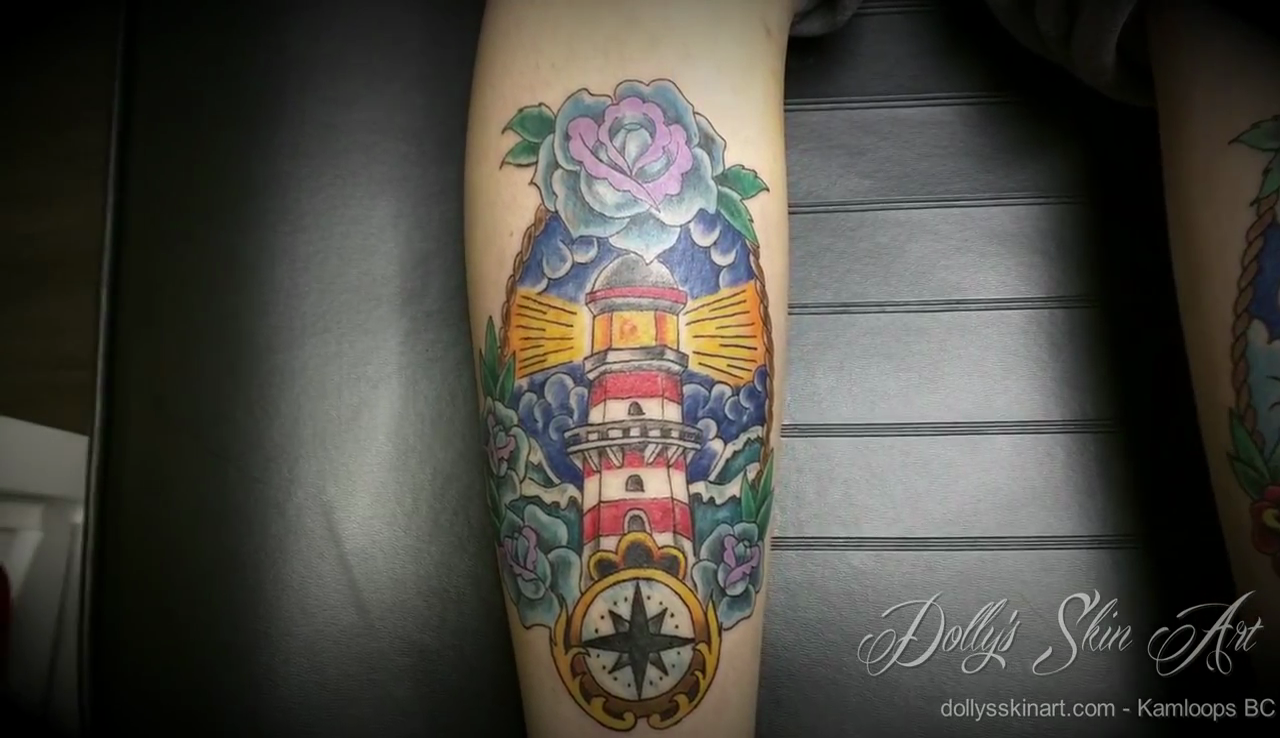 Brooke's Colour Traditional Lighthouse Calf Tattoo