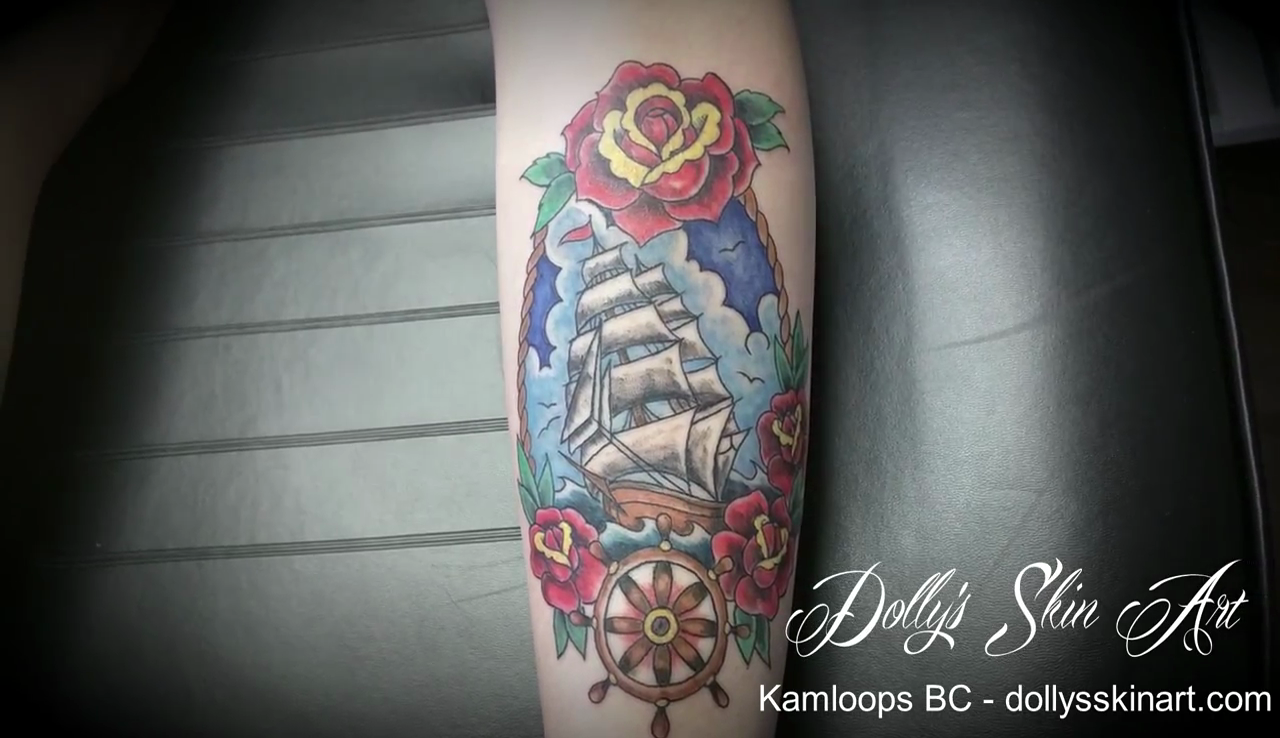 Brooke's Colour Traditional Ship Leg Tattoo