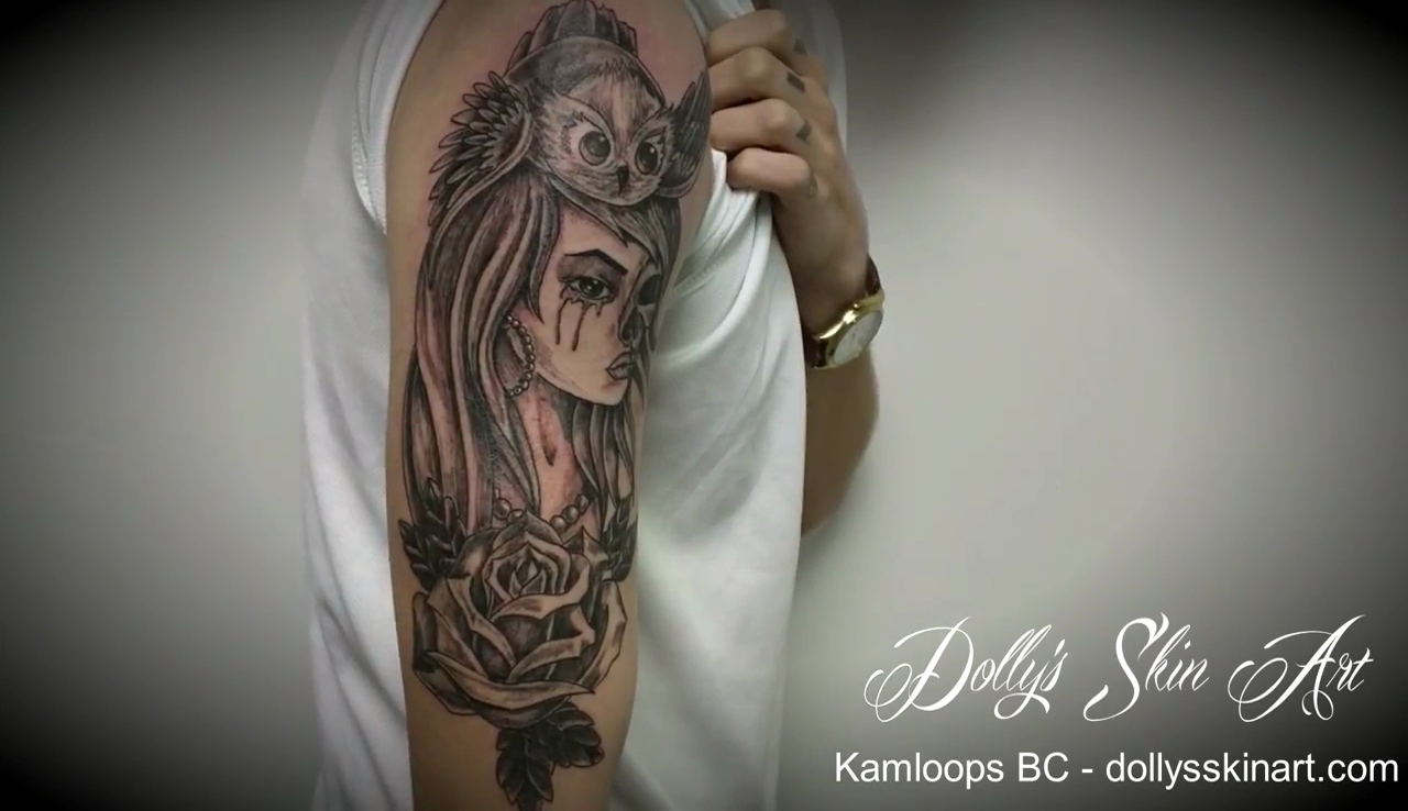 Matt's Black and Grey Owl and Rose with a Skull Woman Tattoo