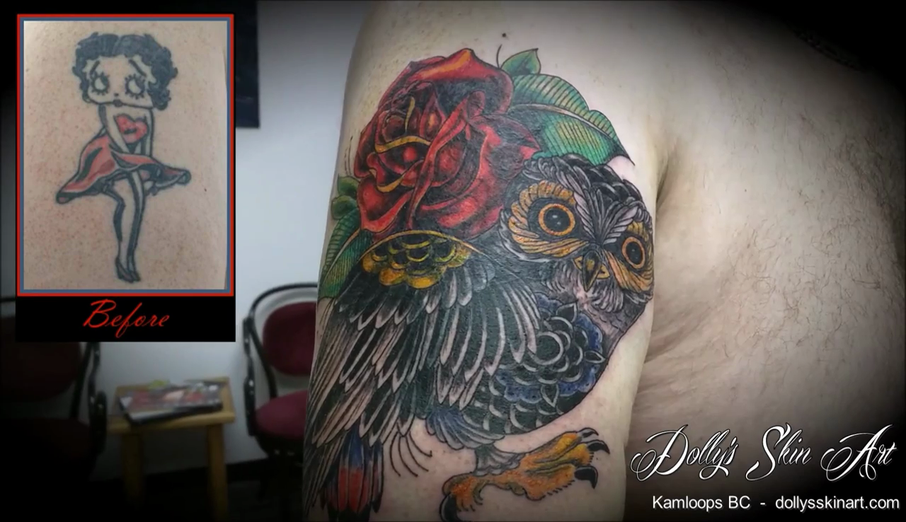 Jordan's Traditional Owl And Rose Coverup Tattoo 