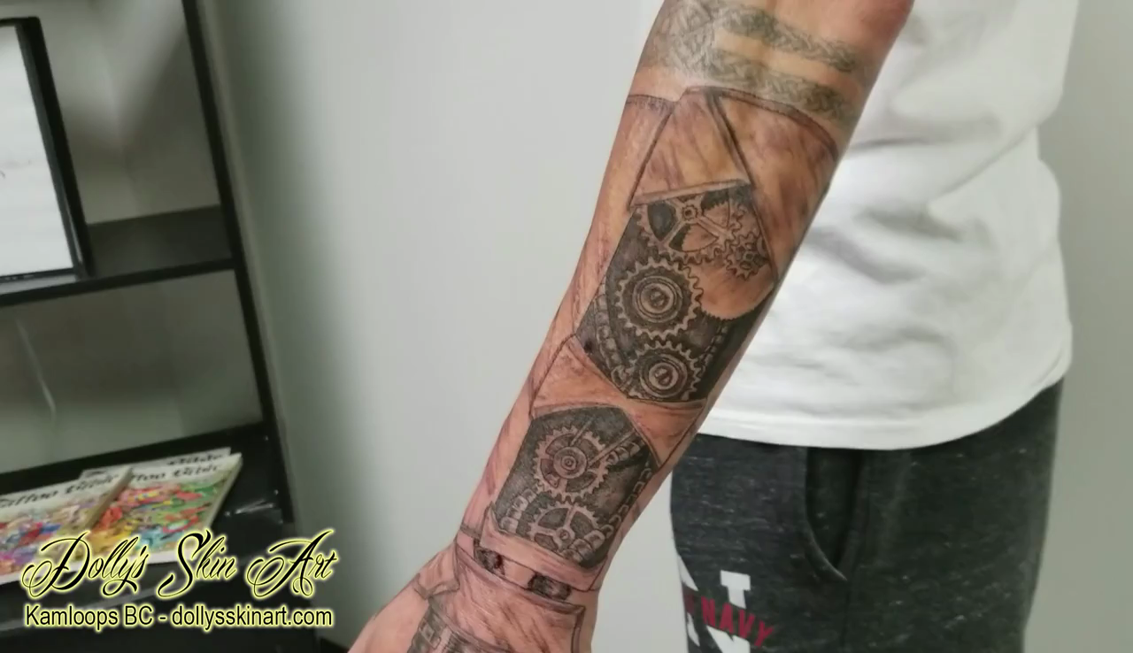 Conrad's Mechanical Black and Grey Half Sleeve Tattoo