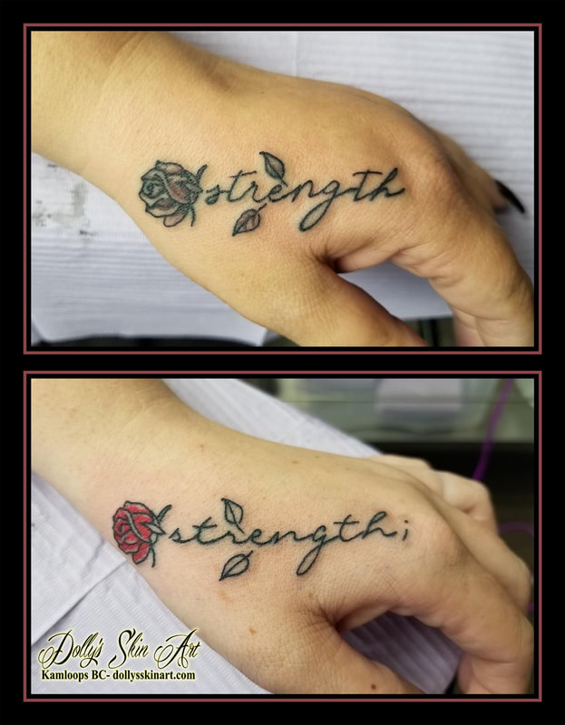 rose strength tattoo mother daughter flower hand lettering script font matching tattoo kamloops dolly's skin art