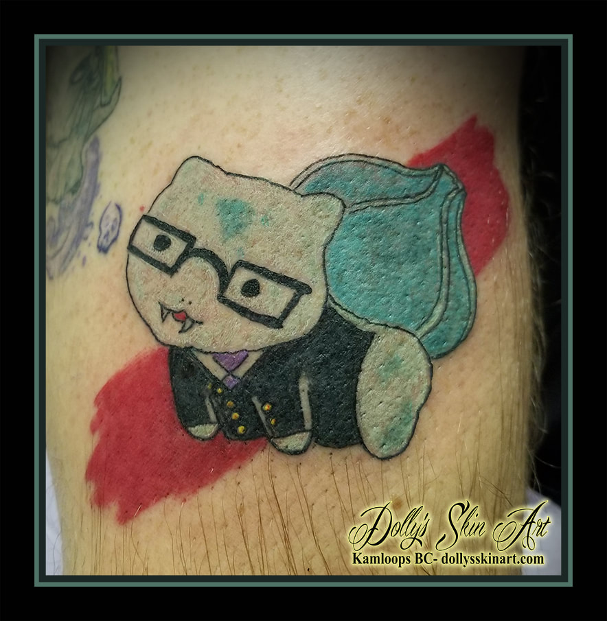 Bulbasaur tattoo vampire glasses suit colour family Pokémon Nintendo tattoo kamloops dolly's skin art