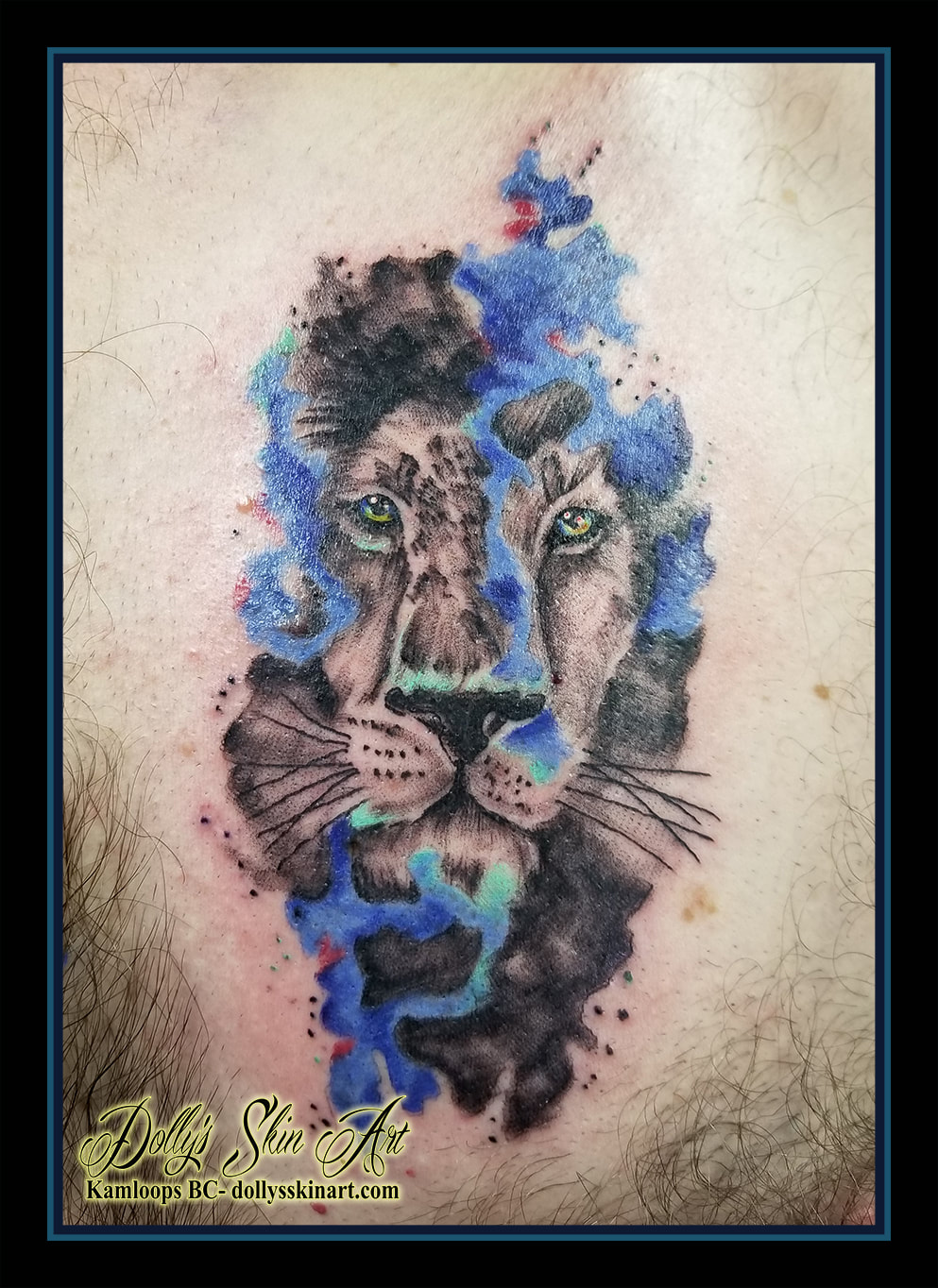 black and grey and colour lion tattoo water colour shading greywash blue red yellow teal tattoo kamloops dolly's skin art